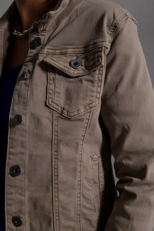Klassisk Basic Denimjakke med Lommer – Beige