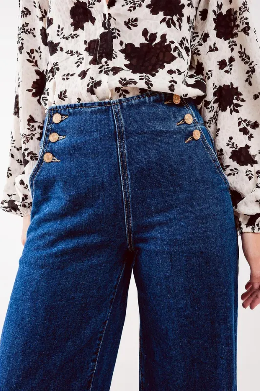 Button Front Jean i Mid Blue