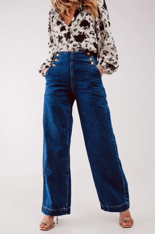 Button Front Jean i Mid Blue