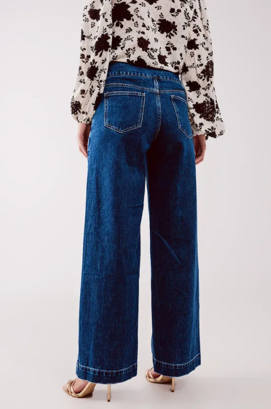 Button Front Jean i Mid Blue
